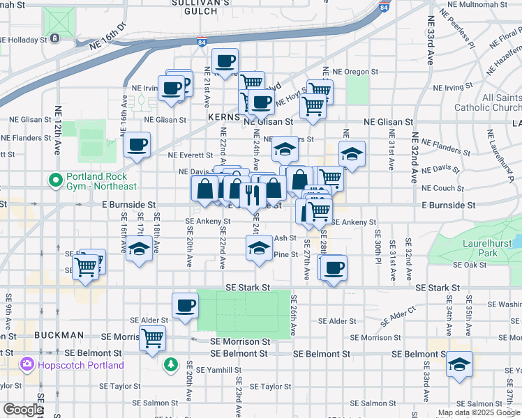 map of restaurants, bars, coffee shops, grocery stores, and more near 2342-2348 Southeast Ankeny Street in Portland
