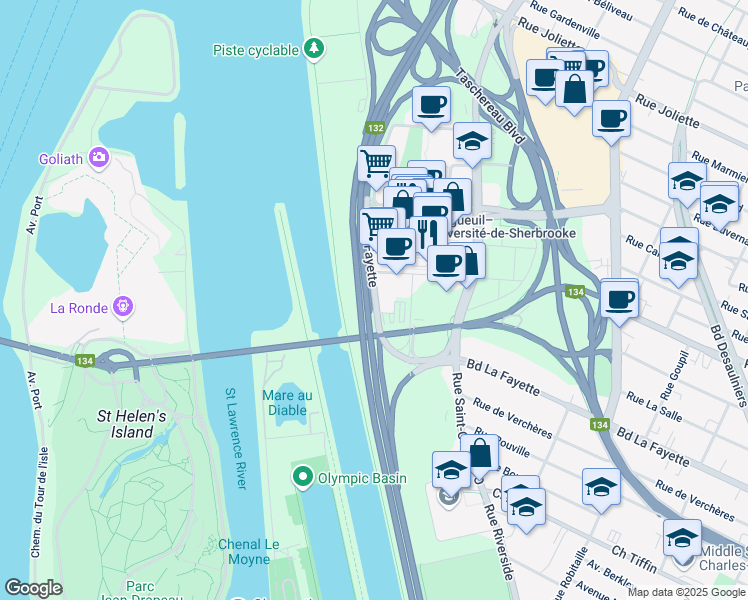 map of restaurants, bars, coffee shops, grocery stores, and more near 25 Boulevard La Fayette in Longueuil