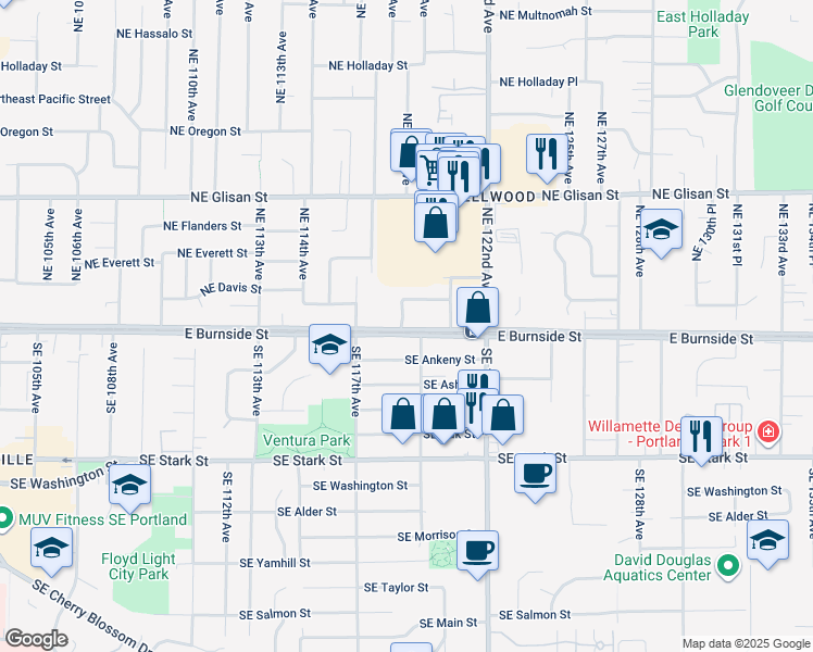 map of restaurants, bars, coffee shops, grocery stores, and more near 11837 Southeast Ankeny Street in Portland