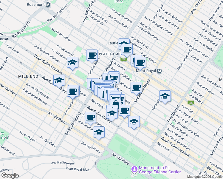 map of restaurants, bars, coffee shops, grocery stores, and more near 4813 Avenue Coloniale in Montréal