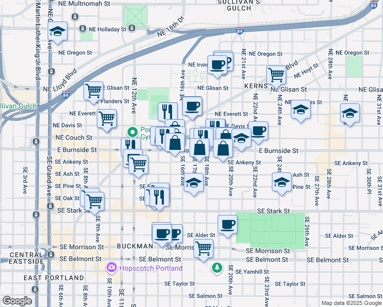 map of restaurants, bars, coffee shops, grocery stores, and more near 1628 Southeast Ankeny Street in Portland