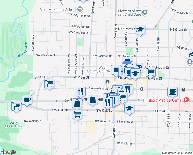 map of restaurants, bars, coffee shops, grocery stores, and more near 301 West Main Street in Hillsboro