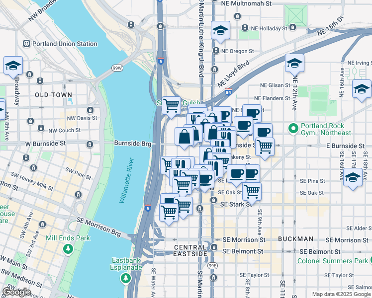map of restaurants, bars, coffee shops, grocery stores, and more near 6 Southeast 3rd Avenue in Portland