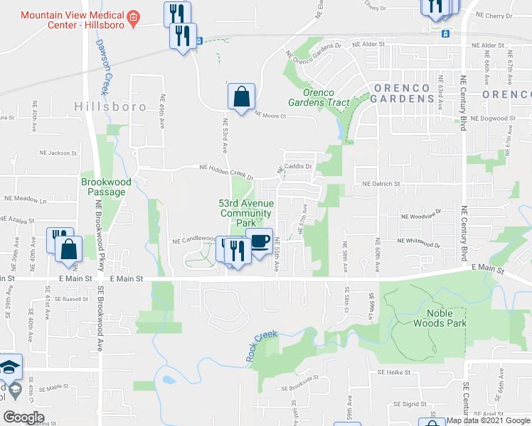 map of restaurants, bars, coffee shops, grocery stores, and more near 211 Northeast 55th Avenue in Hillsboro