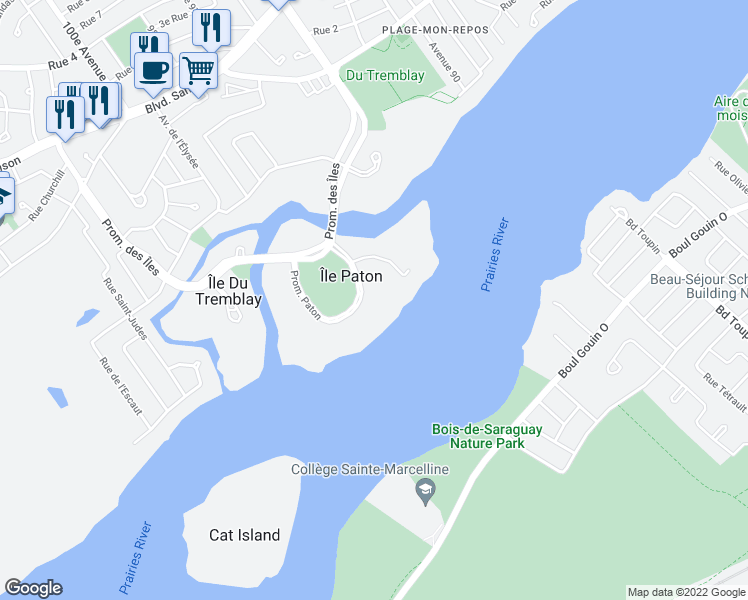 map of restaurants, bars, coffee shops, grocery stores, and more near 4500 Promenade Paton in Laval