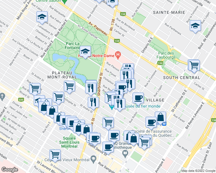 map of restaurants, bars, coffee shops, grocery stores, and more near 2167 Rue Beaudry in Montréal