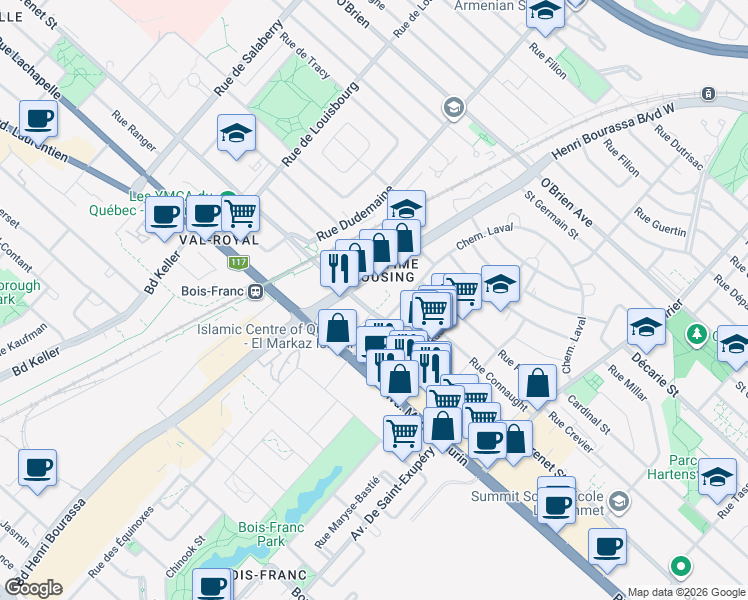 map of restaurants, bars, coffee shops, grocery stores, and more near 2555 Rue Grenet in Montréal