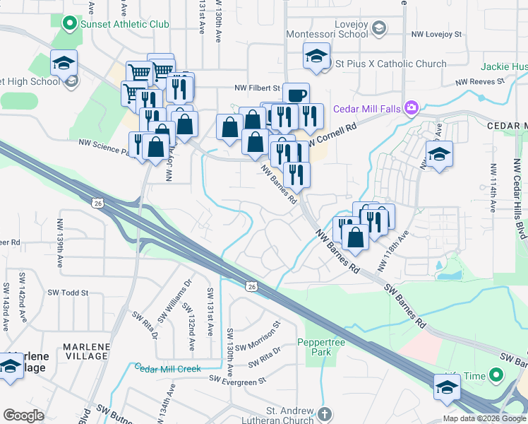 map of restaurants, bars, coffee shops, grocery stores, and more near 12356 Northwest Barnes Road in Portland