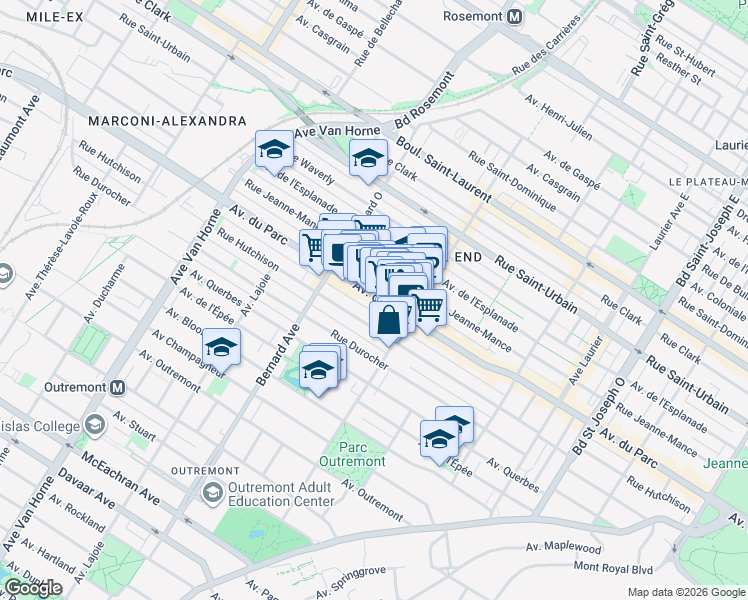 map of restaurants, bars, coffee shops, grocery stores, and more near 5638 Avenue du Parc in Montréal