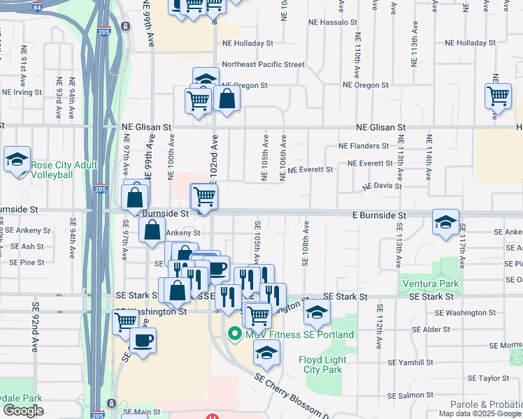 map of restaurants, bars, coffee shops, grocery stores, and more near 10451 East Burnside Street in Portland