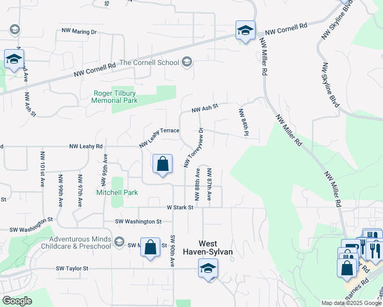 map of restaurants, bars, coffee shops, grocery stores, and more near 225 Northwest Torryview Lane in Portland