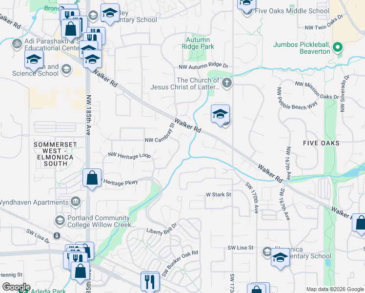 map of restaurants, bars, coffee shops, grocery stores, and more near 17732 Northwest Pioneer Road in Beaverton