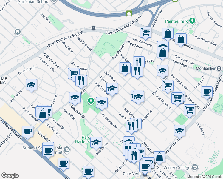 map of restaurants, bars, coffee shops, grocery stores, and more near 1680 Rue Guertin in Montréal