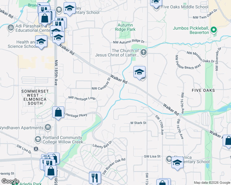 map of restaurants, bars, coffee shops, grocery stores, and more near 17732 Northwest Pioneer Road in Beaverton