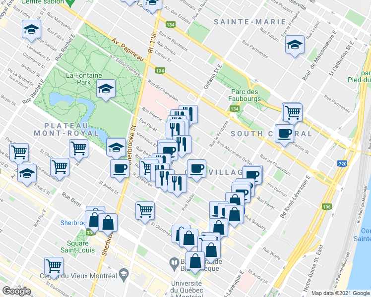 map of restaurants, bars, coffee shops, grocery stores, and more near 1917 Rue Panet in Montréal