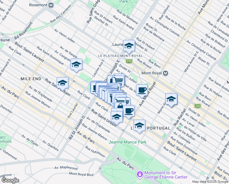 map of restaurants, bars, coffee shops, grocery stores, and more near 4825 Avenue Coloniale in Montréal