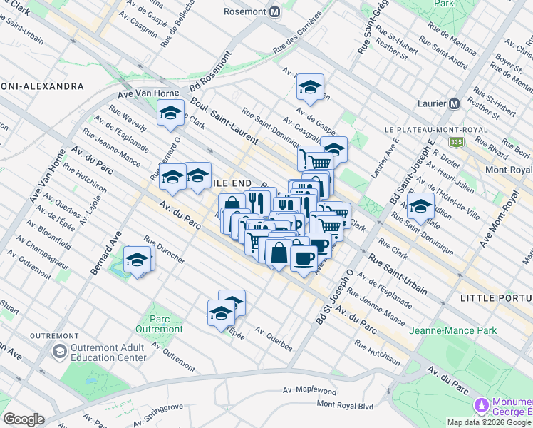 map of restaurants, bars, coffee shops, grocery stores, and more near 5312 Rue Waverly in Montréal