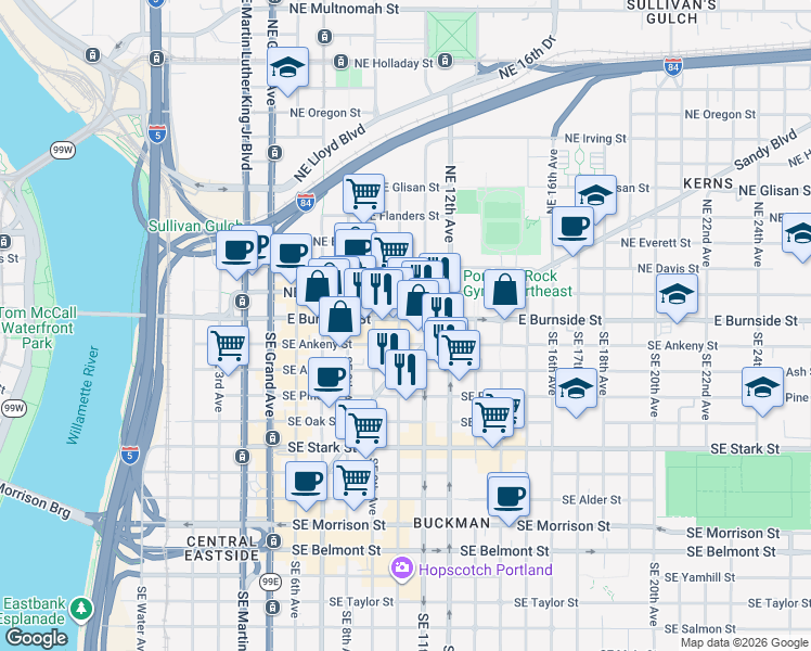 map of restaurants, bars, coffee shops, grocery stores, and more near 1025 Southeast Sandy Boulevard in Portland