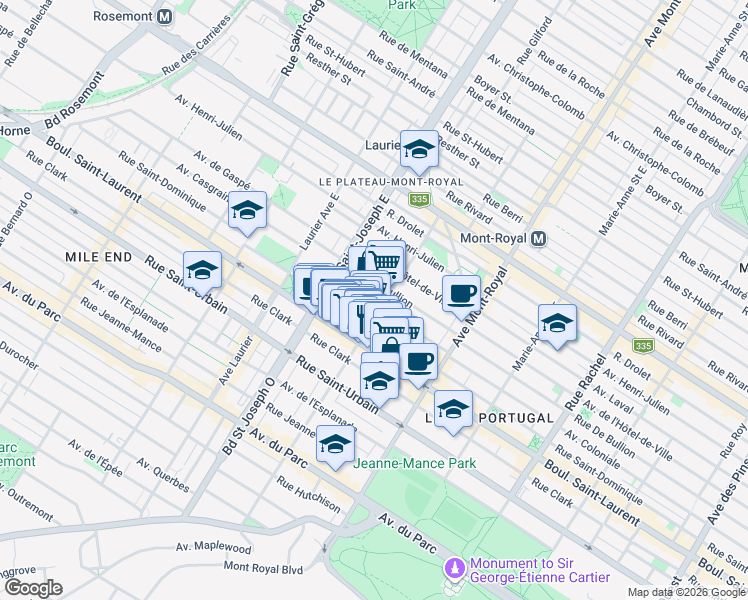 map of restaurants, bars, coffee shops, grocery stores, and more near 4825 Avenue Coloniale in Montréal