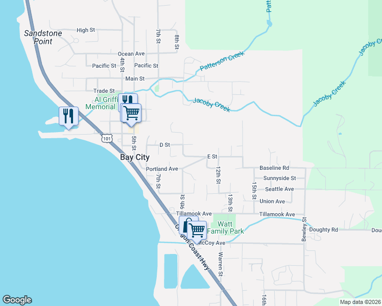 map of restaurants, bars, coffee shops, grocery stores, and more near 6150 E Street in Tillamook