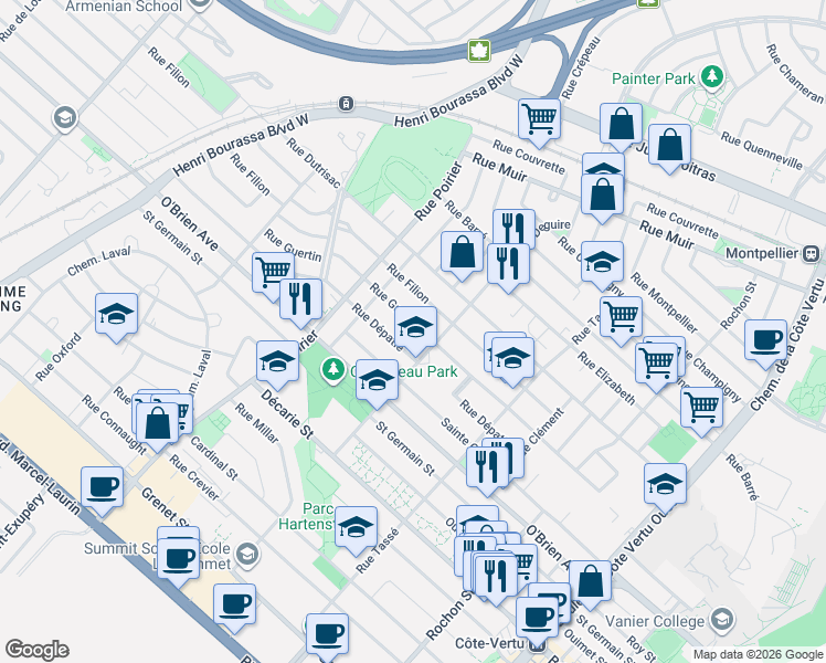 map of restaurants, bars, coffee shops, grocery stores, and more near 1680 Rue Guertin in Montréal