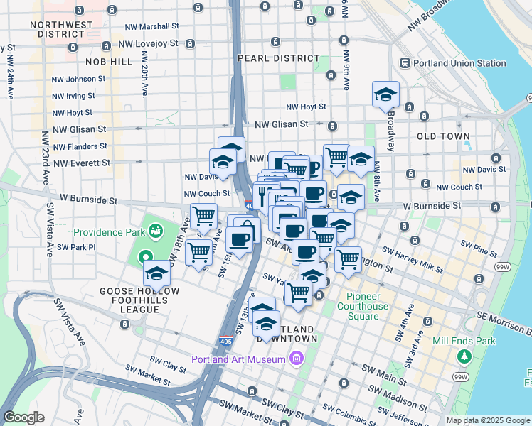 map of restaurants, bars, coffee shops, grocery stores, and more near 406 Southwest 14th Avenue in Portland