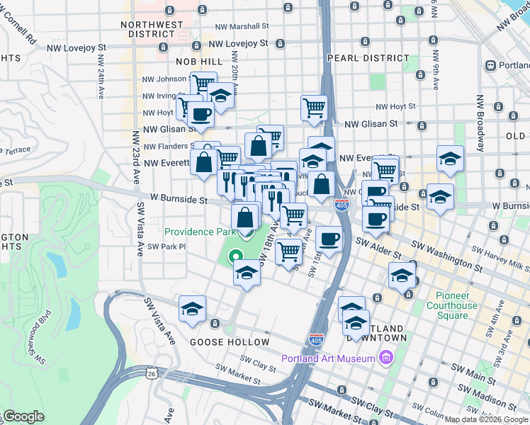 map of restaurants, bars, coffee shops, grocery stores, and more near 1926 West Burnside Street in Portland
