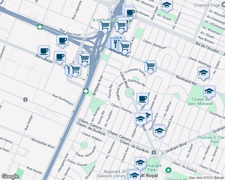 map of restaurants, bars, coffee shops, grocery stores, and more near in Mount Royal