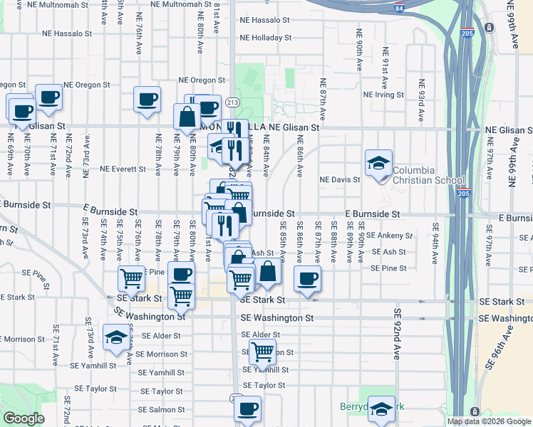 map of restaurants, bars, coffee shops, grocery stores, and more near E Burnside St & NE 84th Ave in Portland