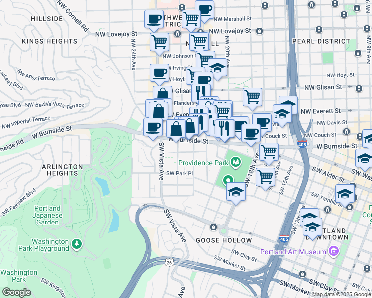 map of restaurants, bars, coffee shops, grocery stores, and more near 2157 West Burnside Street in Portland