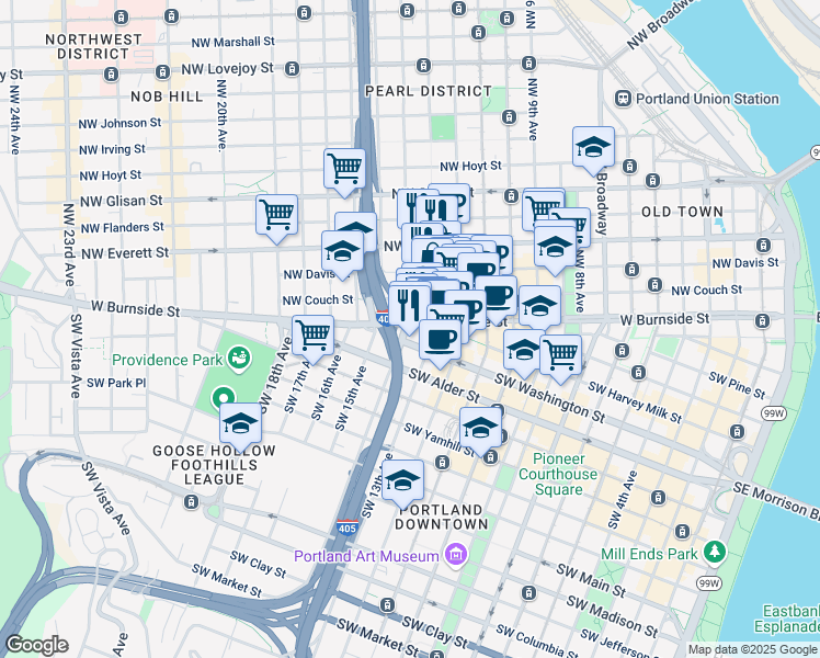 map of restaurants, bars, coffee shops, grocery stores, and more near 406 Southwest 14th Avenue in Portland