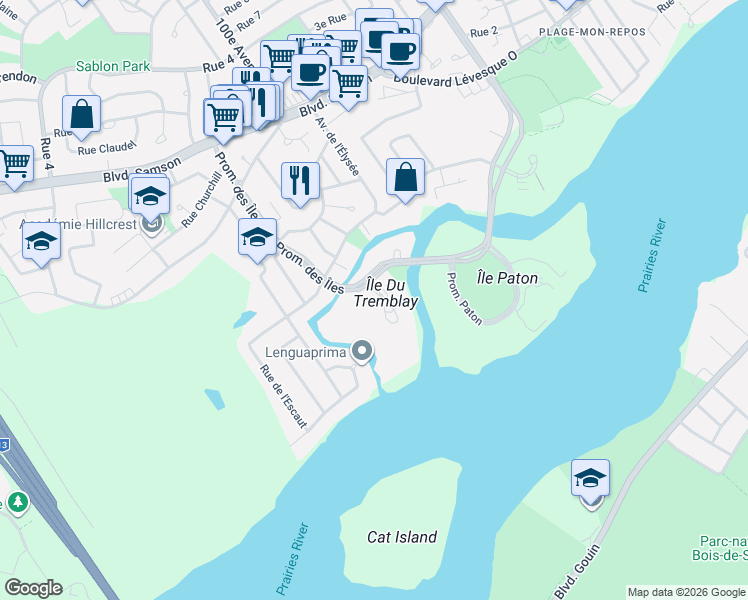 map of restaurants, bars, coffee shops, grocery stores, and more near 2555 Avenue du Havre des Îles in Laval