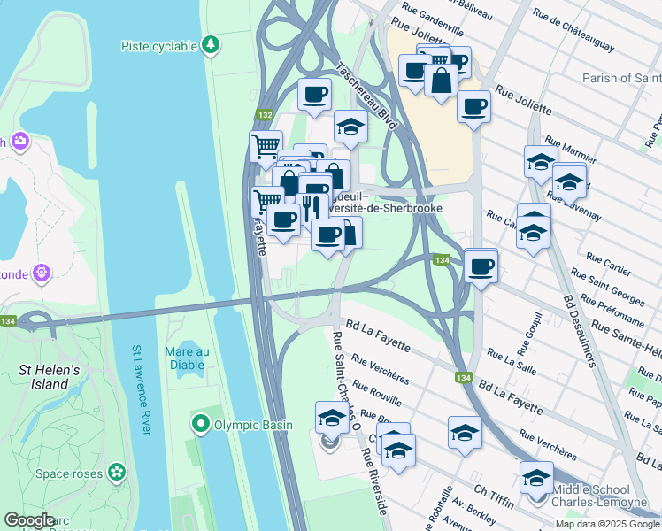 map of restaurants, bars, coffee shops, grocery stores, and more near 1225 Rue Saint-Charles Ouest in Longueuil