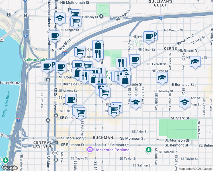 map of restaurants, bars, coffee shops, grocery stores, and more near 1250 East Burnside Street in Portland