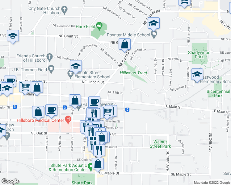 map of restaurants, bars, coffee shops, grocery stores, and more near Northeast 11th Street Drive in Hillsboro