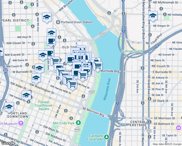 map of restaurants, bars, coffee shops, grocery stores, and more near in Portland