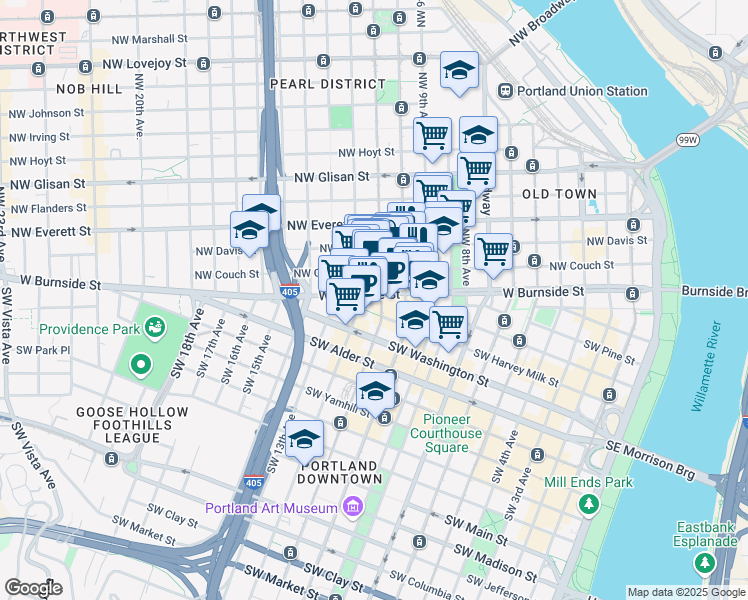 map of restaurants, bars, coffee shops, grocery stores, and more near in Portland