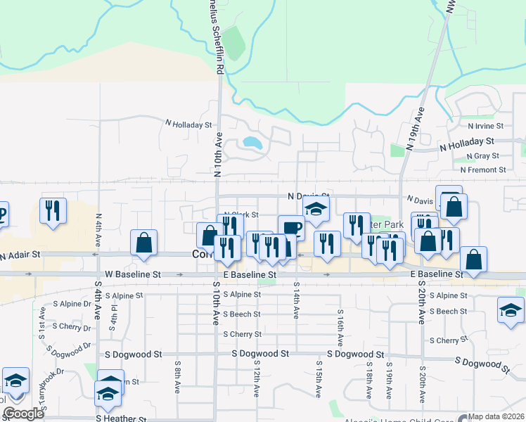 map of restaurants, bars, coffee shops, grocery stores, and more near 1214 North Clark Street in Cornelius