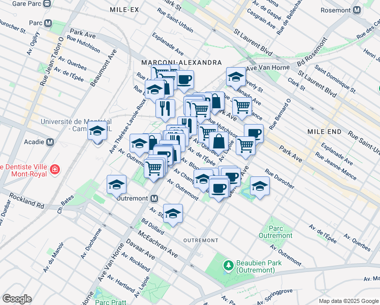 map of restaurants, bars, coffee shops, grocery stores, and more near 774 Avenue de l'Épée in Montréal