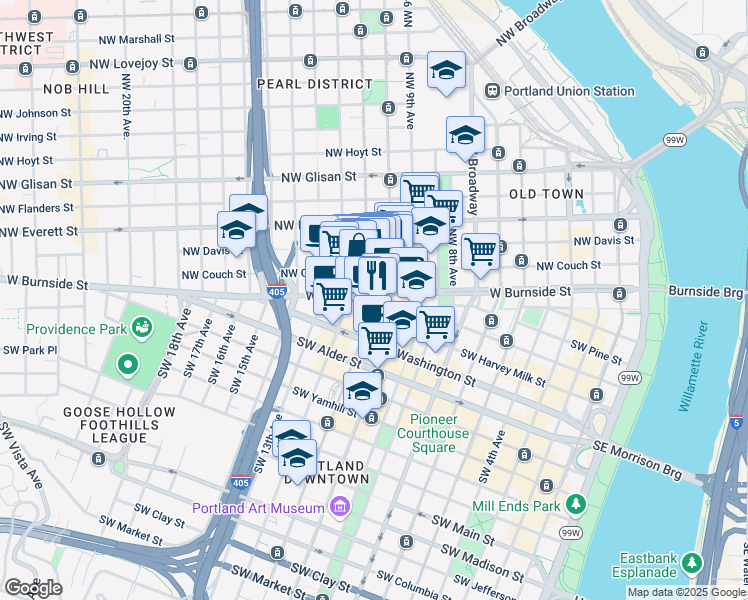map of restaurants, bars, coffee shops, grocery stores, and more near in Portland