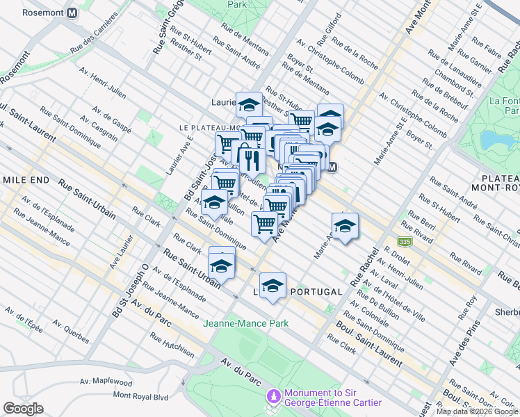 map of restaurants, bars, coffee shops, grocery stores, and more near 3535 Saint Denis Street in Montreal