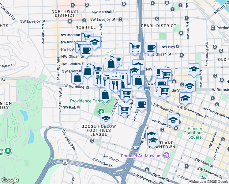 map of restaurants, bars, coffee shops, grocery stores, and more near 1926 West Burnside Street in Portland