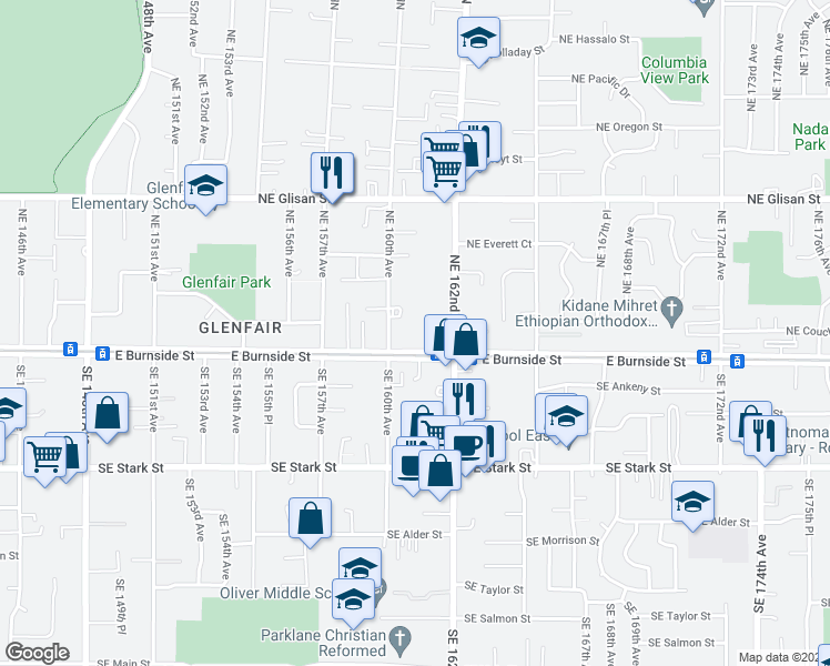 map of restaurants, bars, coffee shops, grocery stores, and more near 130 Northeast 160th Avenue in Portland