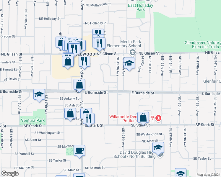 map of restaurants, bars, coffee shops, grocery stores, and more near 12621 Northeast Couch Street in Portland