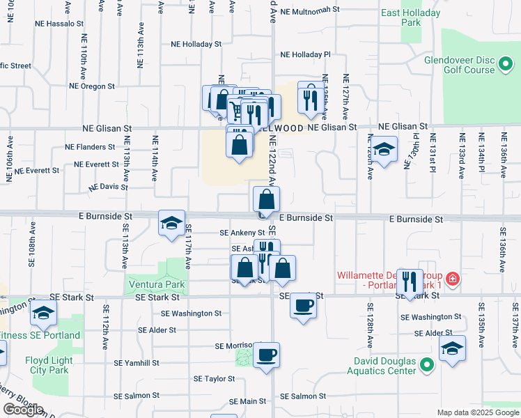 map of restaurants, bars, coffee shops, grocery stores, and more near 203 Northeast 122nd Avenue in Portland