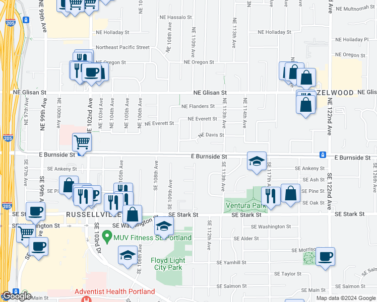 map of restaurants, bars, coffee shops, grocery stores, and more near 10925 Northeast Davis Street in Portland