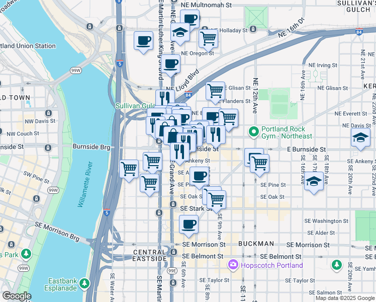 map of restaurants, bars, coffee shops, grocery stores, and more near 600 Northeast Couch Street in Portland