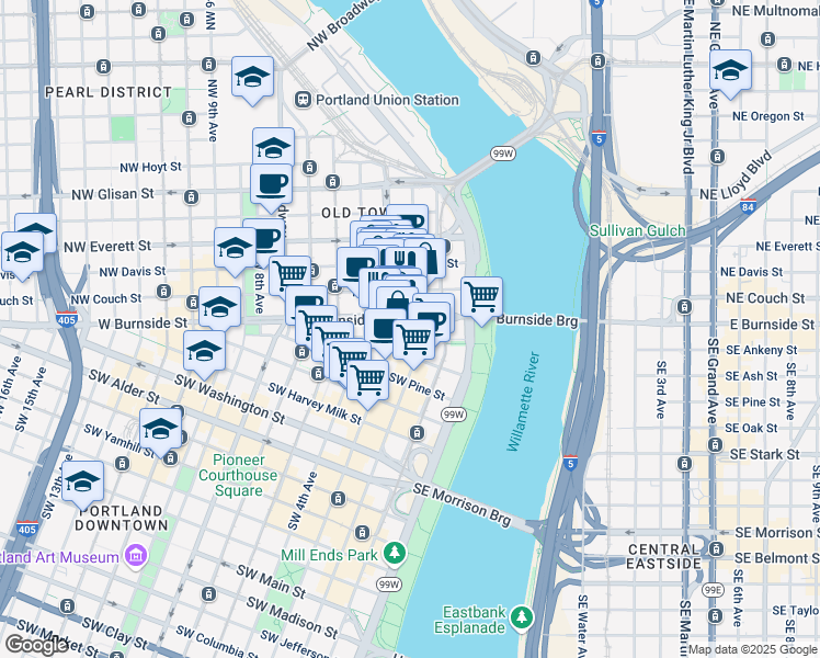 map of restaurants, bars, coffee shops, grocery stores, and more near in Portland