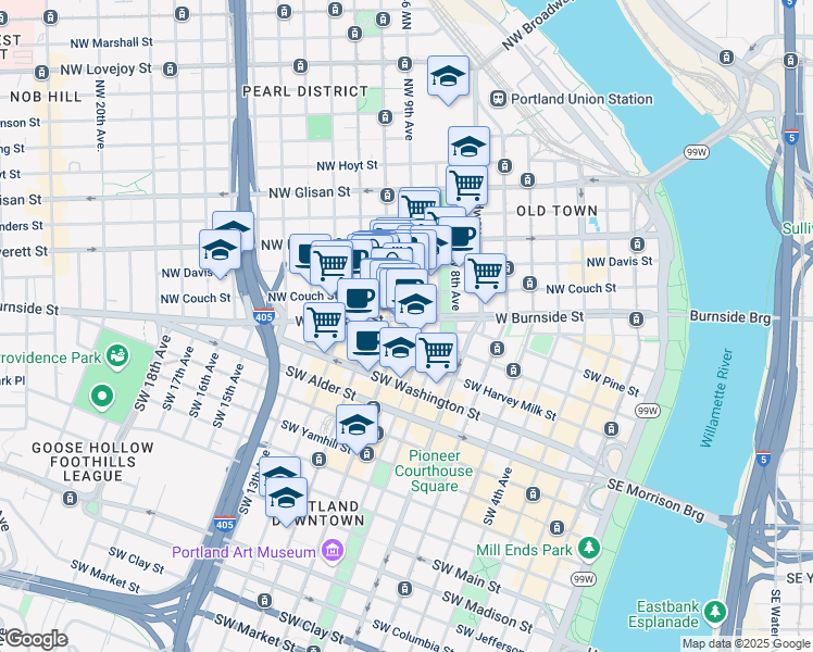 map of restaurants, bars, coffee shops, grocery stores, and more near in Portland