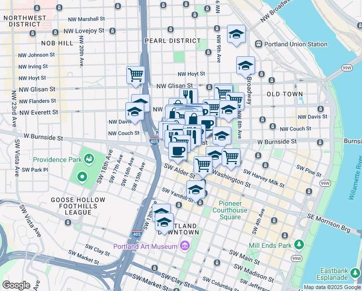 map of restaurants, bars, coffee shops, grocery stores, and more near 1210 Northwest Couch Street in Portland